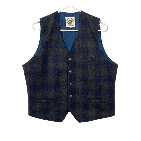 Vintage Grizzly Outfitters Plaid Wool Blend Snap Western Vest Mens Medium - Picture 1 of 8